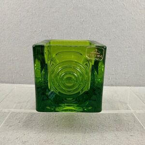 Viking Glass Green Bullseye Cube Candle Holder Vase Mid Century Modern Art Glass
